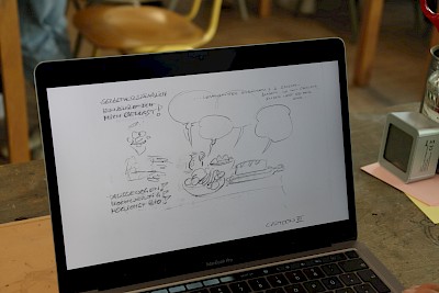 Abbildung eines Laptops mit einer verschwommenen Karikatur zum Thema Ernährung
