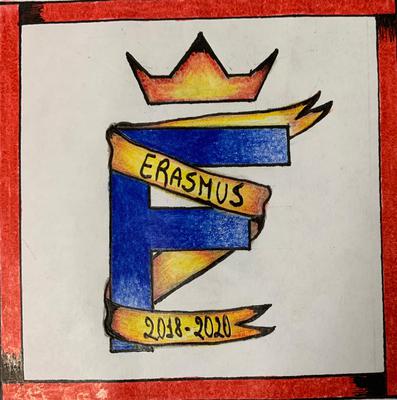 Erasmus Gewinner Logo. Blaues E mit Krone